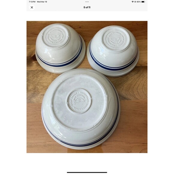 Roseville Ohio Friendship Pottery Nebraska Ivory/Blue Stripe Pasta Serving Bowls - Picture 5 of 11
